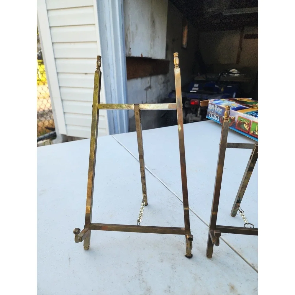 Vintage Set Of 2 Solid Brass Easel Display Stands Large & Medium